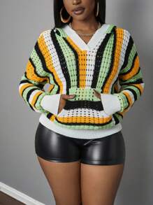 Slaydiva Women's Black And White Striped Colorful Crocheted Hoodies Pocket Wool Tops,Autumn Casual Streetwear Occasion Boho Beach Vacation Rave Festival - Multicolor - View 5