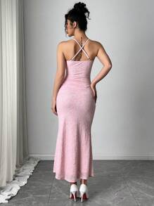 Firerie 节日新款优雅浪漫粉色植绒花卉吊带背心褶饰美人鱼长裙 - 粉色 - 查看 2