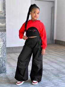 SHEIN Conjunto de 3 piezas para niñas preadolescentes: Sudadera con capucha básica informal de punto, chaleco con tirantes ajustables y pantalones fruncidos