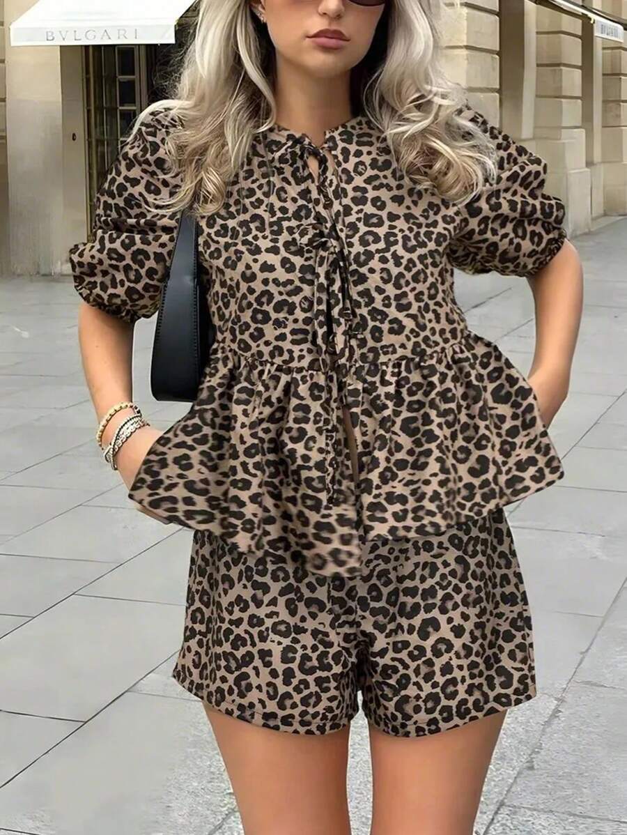 INAWLY Leopard Print Tie Front Blouse & Shorts - Brown - View 1