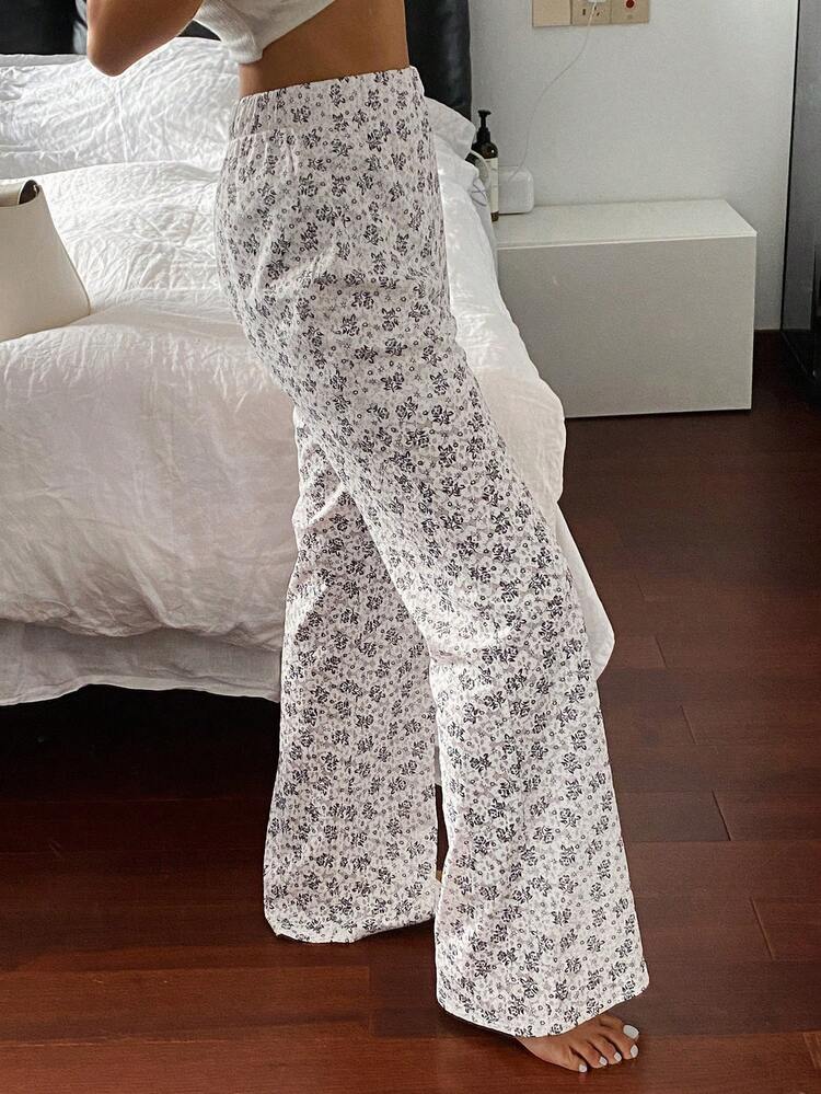 Casual Ditsy Floral Flare Pants, Slim Fit Women Summer Trousers,Fall Clothes