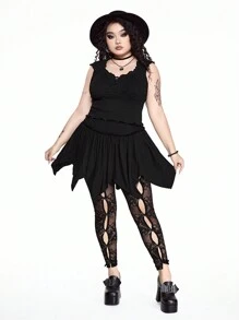 ROMWE Back To School  Plus Size Women Gothic Butterfly Lace Hollow Design Leggings, Can Be Paired With Skirt - Black - View 2
