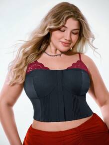 SHEIN EZwear Plus Size Women Contrast Color Patchwork 2 In 1 Lace Trim Waist Top, Autumn/Winter - Multicolor - View 4