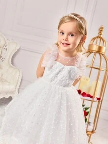 SHEIN Fern Glow  Young Girl Sweet Ruffle Hem Sleeveless White Organza Summer Dress