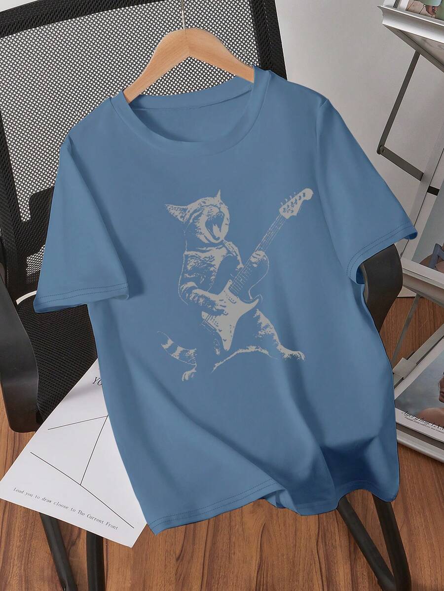Teen Boy Crew Neck Rock Cat Print Short Sleeve T-Shirt