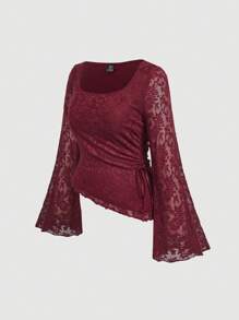 SHEIN MOD 大码女式酒红色不对称下摆方领蕾丝腰带喇叭袖 T 恤