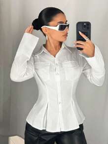 SHEIN ICON Camisa de manga larga con rayas para mujer, con bolsillos, bajo con abertura y cintura ajustada, para otoño