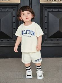 SHEIN Baby Boy/Girl Casual Sports Fashionable & Adorable Letter Print Crew Neck T-Shirt Top & Shorts Sets, Suitable For Spring And Summer