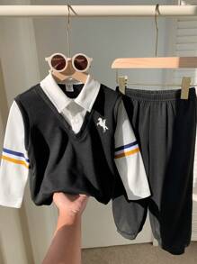 2 pièces Vêtements pour jeunes garçons et jeunes garçons. Décontracté, confortable, épais et chaud. Avec ruban et petit motif décoratif. Ensemble 2 en 1 de polo à capuche et pantalon, en noir et blanc. Convient pour aller à l'école, pour une utilisation quotidienne et décontractée, pour les fêtes d'anniversaire, les cérémonies d'ouverture. Adapté pour l'école, les voyages, les sports, l'automne et l'hiver. - bleu indigo - Voir 2