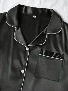 LuxeNights Plus Size Women 1 Set Solid Color Faux Silk Collar 3-Pieces Top & Shorts & Pants Sleepwear Set, Outfits