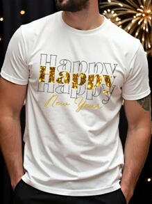 Manfinity Homme Standard Size Men's White Round Neck T-Shirt New Year T-Shirt Suitable For Couple Party