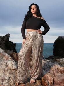 SHEIN VCAY Pantalones anchos elegantes con cintura elástica, adornados con perlas para mujer talla grande. Ropa de Navidad para mujer, ropa de invierno navideña, ropa estilo Y2K, conjunto de mujer para año nuevo, atuendo de vacaciones, pantalones brillantes y con lentejuelas, trajes de rave, ropa de festival, pantalones estilo Y2K, atuendo del Día de San Valentín, ropa románica