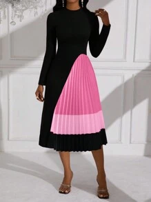 Lyxana Vestido de punto midi con pliegues y empalmes para mujeres