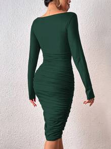 INAWLY Solva Robe longue ajustée à manches longues de couleur unie, tenue casual pour tous les jours - Vert sapin - Voir 2