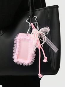 ROMWE Kawaii 1pc INS Korean Style Handmade Beaded White Faux Pearl & Pink Crystal Lace Bow Card/ID Badge Holder With Adjustable Lanyard Rope, Keychain Bag Charm, Suitable For Office Workers, Students, Daily Wear, Holiday Gift