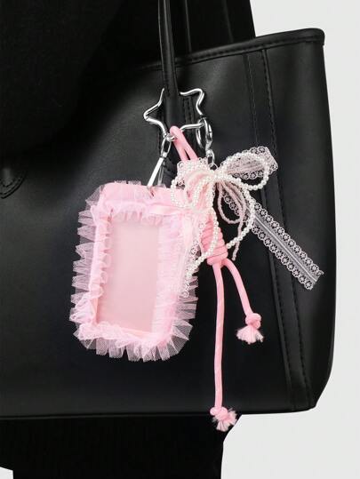 Kawaii 1pc INS Korean Style Handmade Beaded White Faux Pearl & Pink Crystal Lace Bow Card/ID Badge Holder With Adjustable Lanyard Rope, Keychain Bag Charm, Suitable For Office Workers, Students, Daily Wear, Holiday Gift