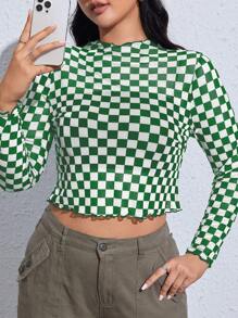 SHEIN EZwear Parte superior recortada de malla con estampado de cuadros verdes y blancos, tallas grandes, para el verano