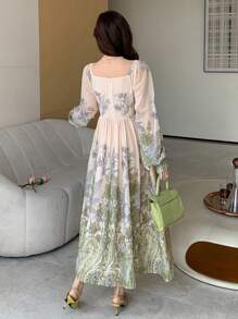 DAZY Robe midi à manches lanternes, col carré et imprimé floral complet pour femmes, volants