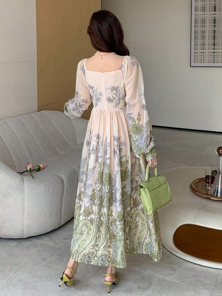 Full Flower Print Square Neck Lantern Sleeve Midi Dress For Women,Ruffle,Fall Dress Long Sleeve Dress Vacation Outfits Women Floral Boho