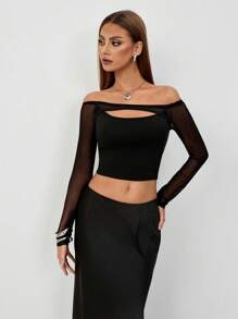 Chiquease 1pc Off-Shoulder Mesh Hollow T-Shirt, Black Skinny Stretch T-Shirt, Sexy & Fashionable Top