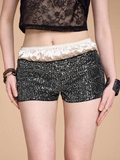 Grunge Punk Short ultra taille basse moulant pour femmes avec paillettes argentées, pour le carnaval