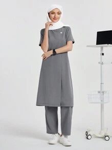 SHEIN TaskFit Bộ đồng phục phẫu thuật tay ngắn cổ đứng, phong cách tối giản màu trơn, trang phục thường ngày, áo đồng phục phẫu thuật cổ chữ V tay ngắn hai túi dành cho nữ và quần ống đứng cạp chun, quần áo phẫu thuật kiểm tra sức khỏe có thể mặc vào dịp Giáng sinh, quần áo chức năng dành cho phụ nữ có thể mặc vào dịp Giáng sinh, năm mới và ngày lễ tình nhân, quần áo mùa đông và mùa xuân dành cho phụ nữ - Xám - Xem 7