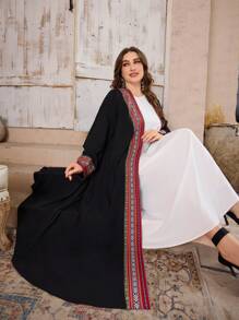 Al Najma 加大码女式拼布传统 Sadu 印花阿拉伯风格长袍 Abaya 适合春秋季节、节日和休闲日常，加大码 Abayas，适中 - 黑色 - 查看 5