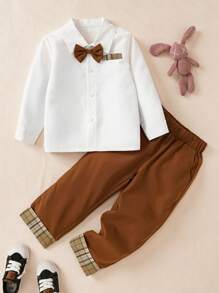 SHEIN 2 件装幼儿男童优雅长袖衬衫和裤子套装，秋季时尚绅士风格 - 白色 - 查看 1