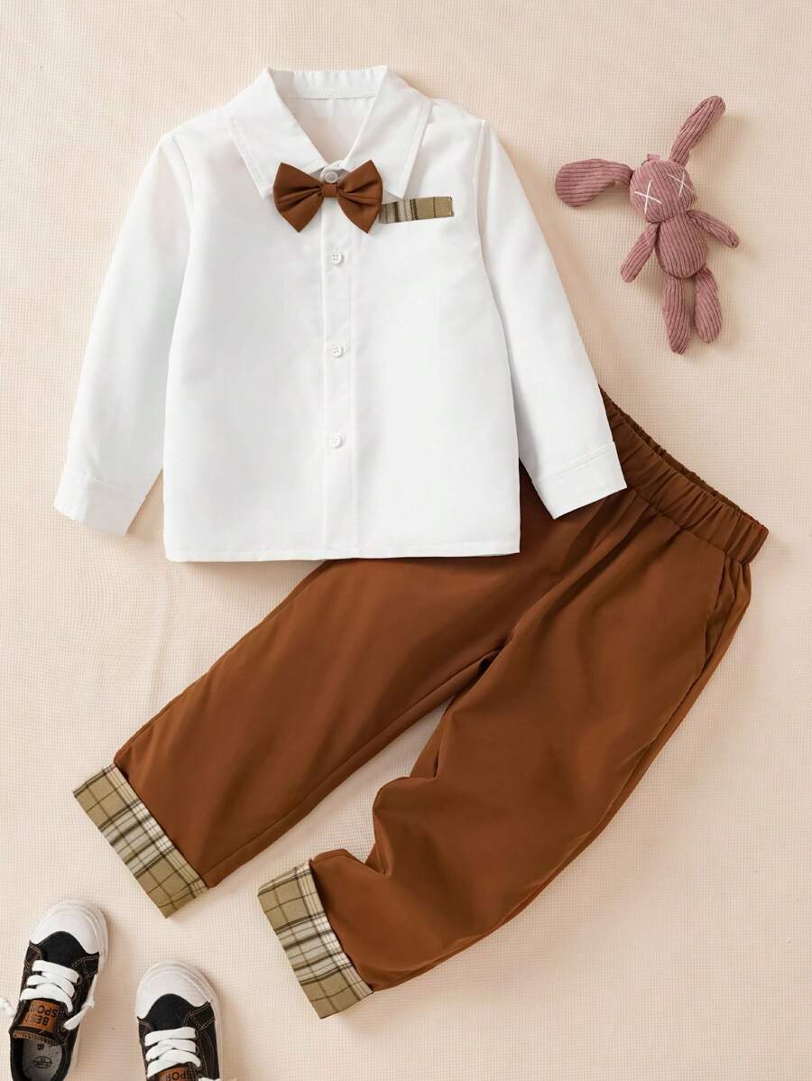 SHEIN 2 件装幼儿男童优雅长袖衬衫和裤子套装，秋季时尚绅士风格 - 白色 - 查看 1