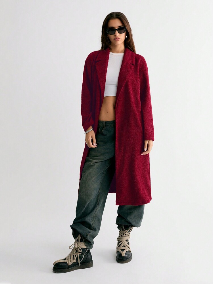 SHEIN Unity 杏色泰迪羊毛长外套，秋冬保暖 - 酒紅色 - 查看 4