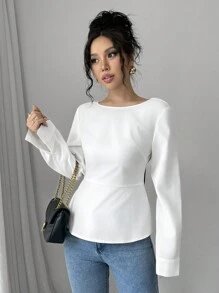SHEIN Essnce 女士蝴蝶结后背长袖衬衫，白色长袖衬衫，情人节约会的理想之选 - 黑與白 - 查看 4