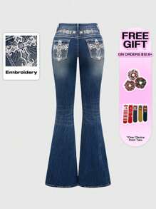 ROMWE Grunge Punk Y2K Vintage Millennium Sexy Pocket Cross Wings Embroidery Women's Slim Flared Low Waist Jeans, Ladies Button Pocket Zipper Drop Waist Flare Leg Long Navy Blue Curvy Skinny Women Low Waist Jeans, Spring/Fall, Casual Daily Wear - Navy Blue - View 5