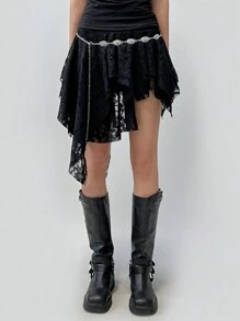 DAZY 女式黑色不对称下摆蕾丝裙，四季节日，荷叶边