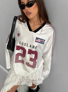 Coolane 女子比赛日运动休闲数字图案长袖 T 恤 - 白色 - 查看 4