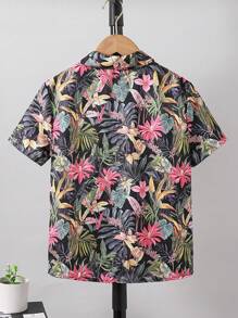 Tween Boy Casual Vacation Leaf Print Turndown Collar Short Sleeve Shirt, Suitable For Summer Vacation