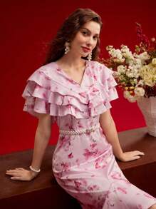 MOTF PREMIUM Vestido fluido con estampado floral y ribete de volantes, conjunto para el Día de San Valentín - Rosa - Ver 8