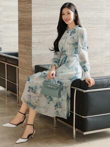 DAZY Vestido de manga abullonada de longitud media con estampado floral elegante de gasa para mujeres, vestido de primavera y otoño de manga larga