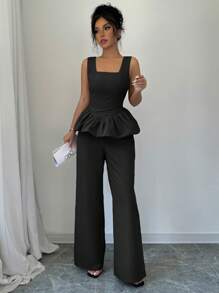 Chiquease Set de 2 piezas de camisa de tirantes con volantes y pantalón largo de color liso elegante - Negro - Ver 5