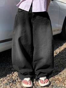 DAZY 女式复古破洞直筒牛仔裤，四季皆宜，宽松牛仔裤 - 黑色 - 查看 5