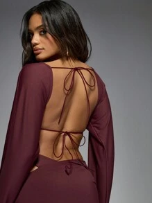 MISSGUIDED 斜领露背长款灯笼袖短款上衣和镂空腰部超长裙两件套