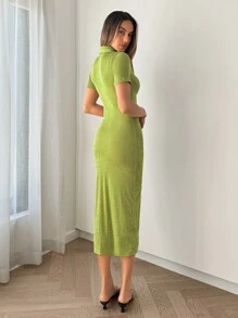Siren Gaze Women's Short Sleeve Collared Fitted Split Hem Dress Casual Summer - Olive Green - View 2