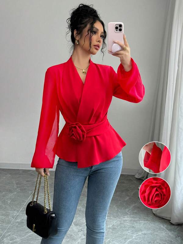 Elenzga French Elegant Elegant Daily Fashion Versatile V-Neck Cross Pleated 3D Floral Blouse, Red, Autumn/Winter
