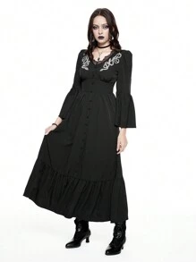 ROMWE Goth Vestido de mujer con cuello en V, con recorte de encaje en contraste, bordado de patrón de piel de serpiente y mangas acampanadas
