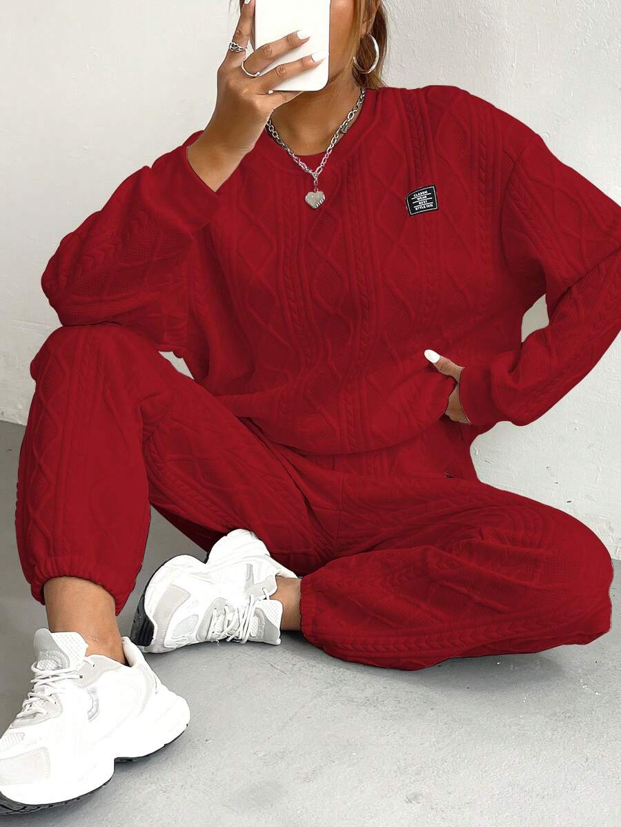 Conjunto de 2 piezas sencillo para mujeres color gris oscuro, con sudadera de manga larga y pantalones largos - Burdeos - Ver 1