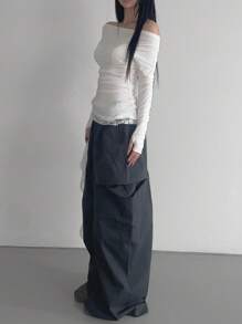 DAZY Camiseta blanca de manga larga con cuello redondo, detalles de encaje con contraste y lazo, para primavera/verano