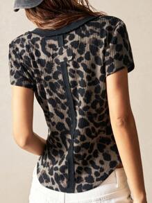 Bohemela Casual Leopard Print Half-Zip Placket Short Sleeve Fitted Women T-Shirt