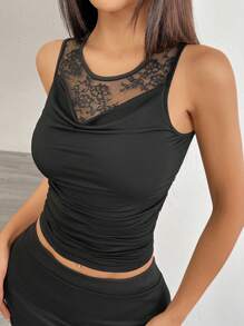 Chiquease Women's Lace Splicing Revealing Draped Neck Tank Top - Black - View 6