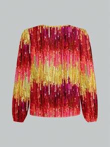 Glamance ORANGE STUDIO Women Burgundy Blouses Long Sleeve Notched Casual All Over Print,Colorblock,Plain Summer Outfits For Women Summer Tops Going Out - Burgundy - View 2