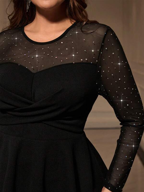 SHEIN Clasi Curvy Plus Size Women's Crew Neck Mesh Glitter Rhinestone Long Sleeve Elegant T-Shirt For Guest Party Party Dance,Ano Novo Feminino,Blusa Feminina,Look Ano Novo,Festival Outfits Women,Top Lentejuelas,New Years Eve Outfit