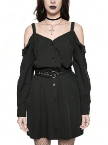 ROMWE Goth Robe chemise mini pour femmes avec col montant gothique foncé, décolleté en V au dos, sangles en forme d'étoile et ceinture de taille amovible
